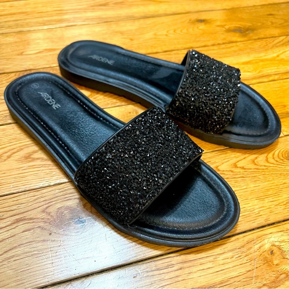Ardene Black Glitter Slides, Size 9